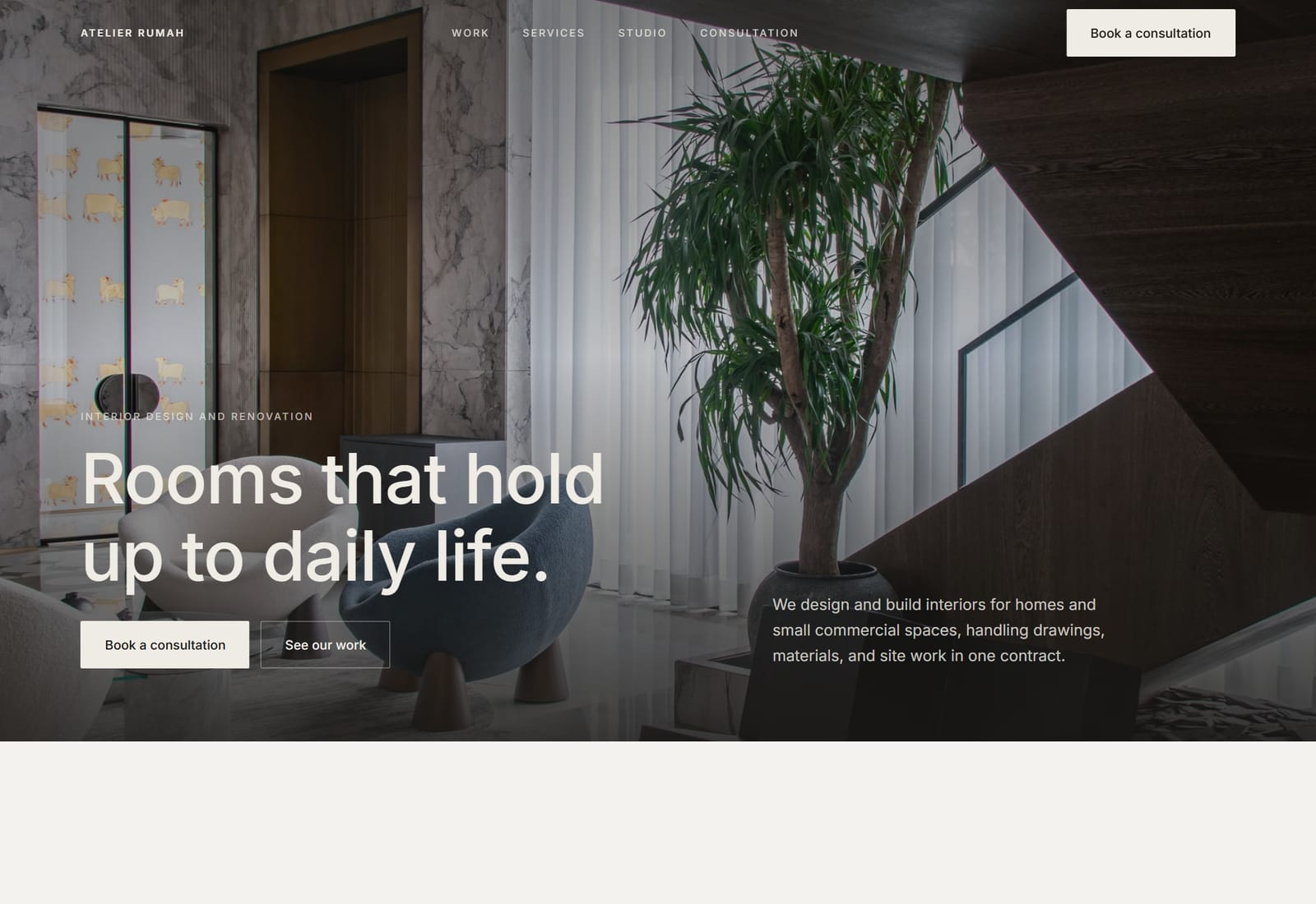 Atelier Rumah homepage, full bleed interior photography