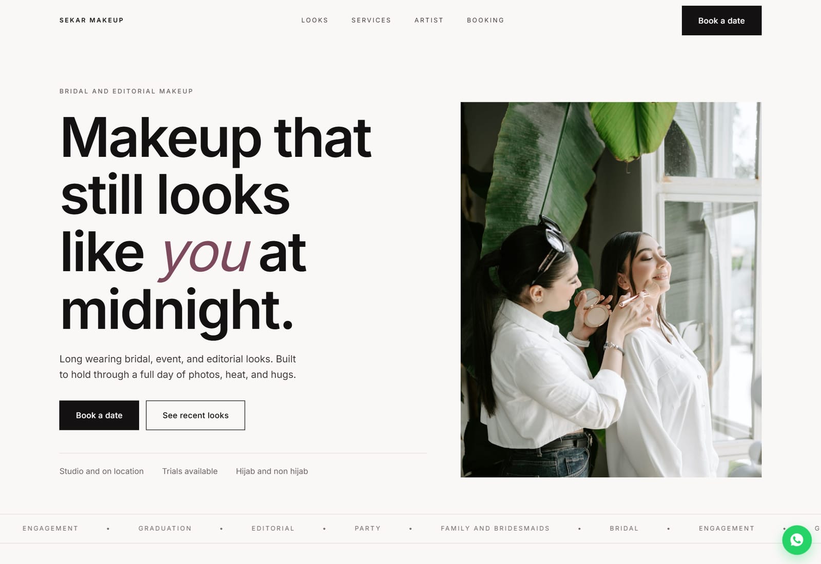 Sekar Makeup homepage, split hero with a booking call to action